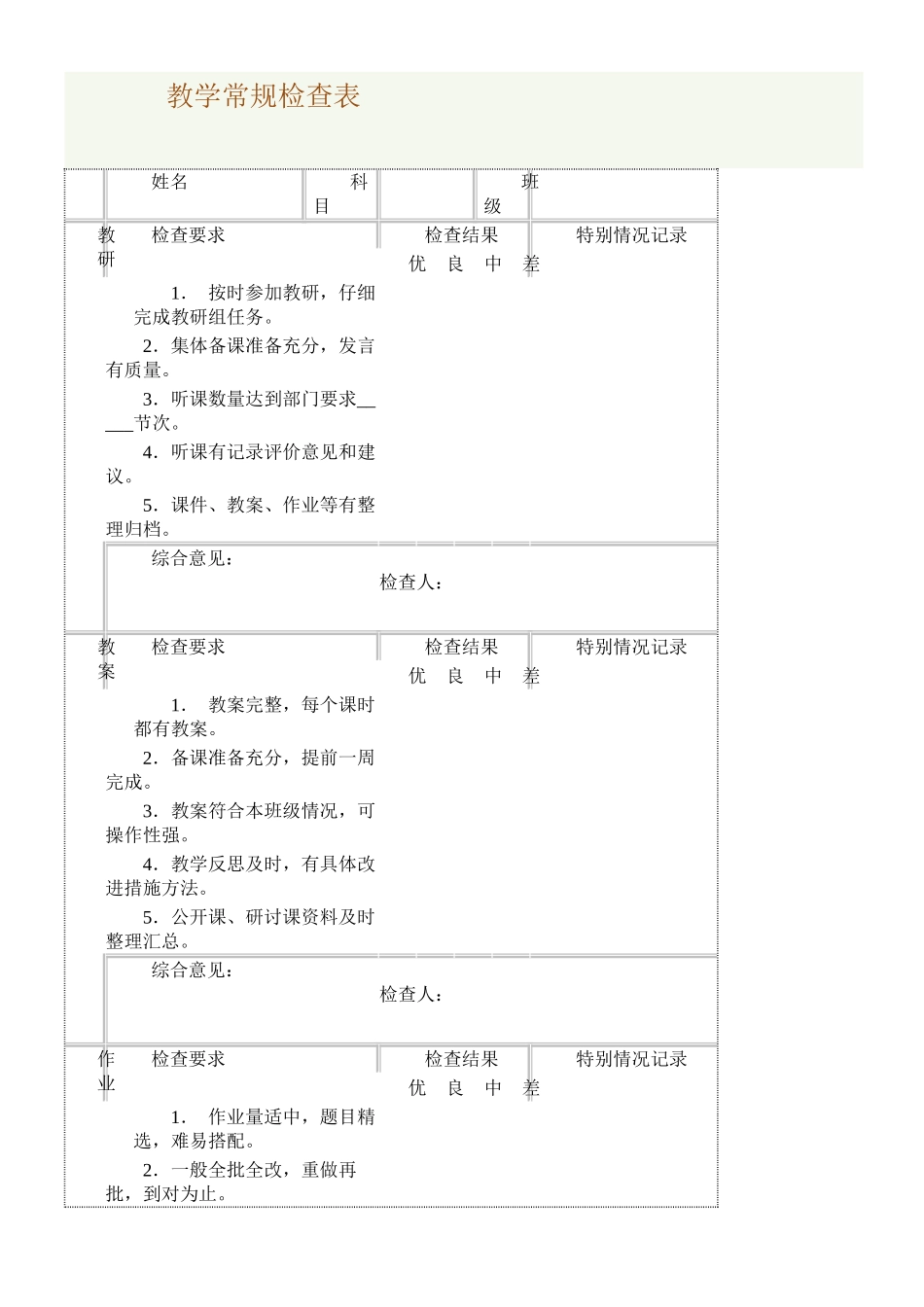 小学教师教学常规检查表_第1页