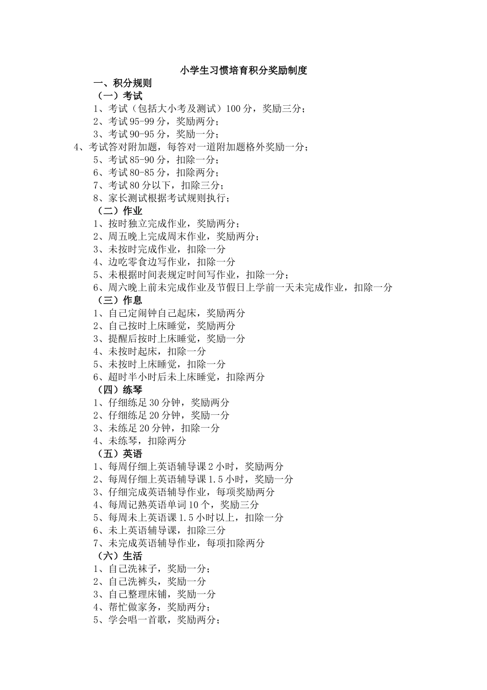 小学生习惯培养积分奖励制度_第1页