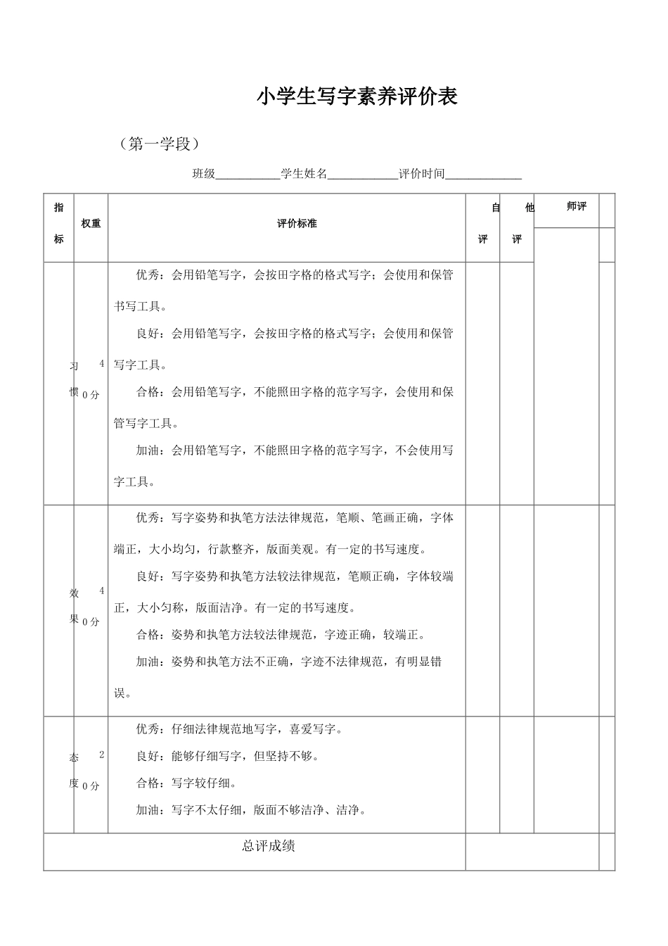 小学生写字素养评价表_第1页