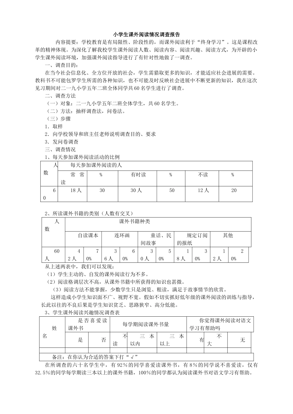 小学生课外阅读情况调查报告完整版_第1页
