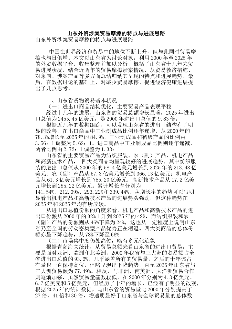 山东外贸涉案贸易摩擦的特点与发展思路_第1页