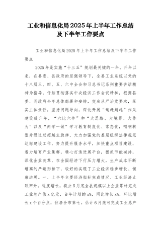 工业和信息化局2025年上半年工作总结及下半年工作要点