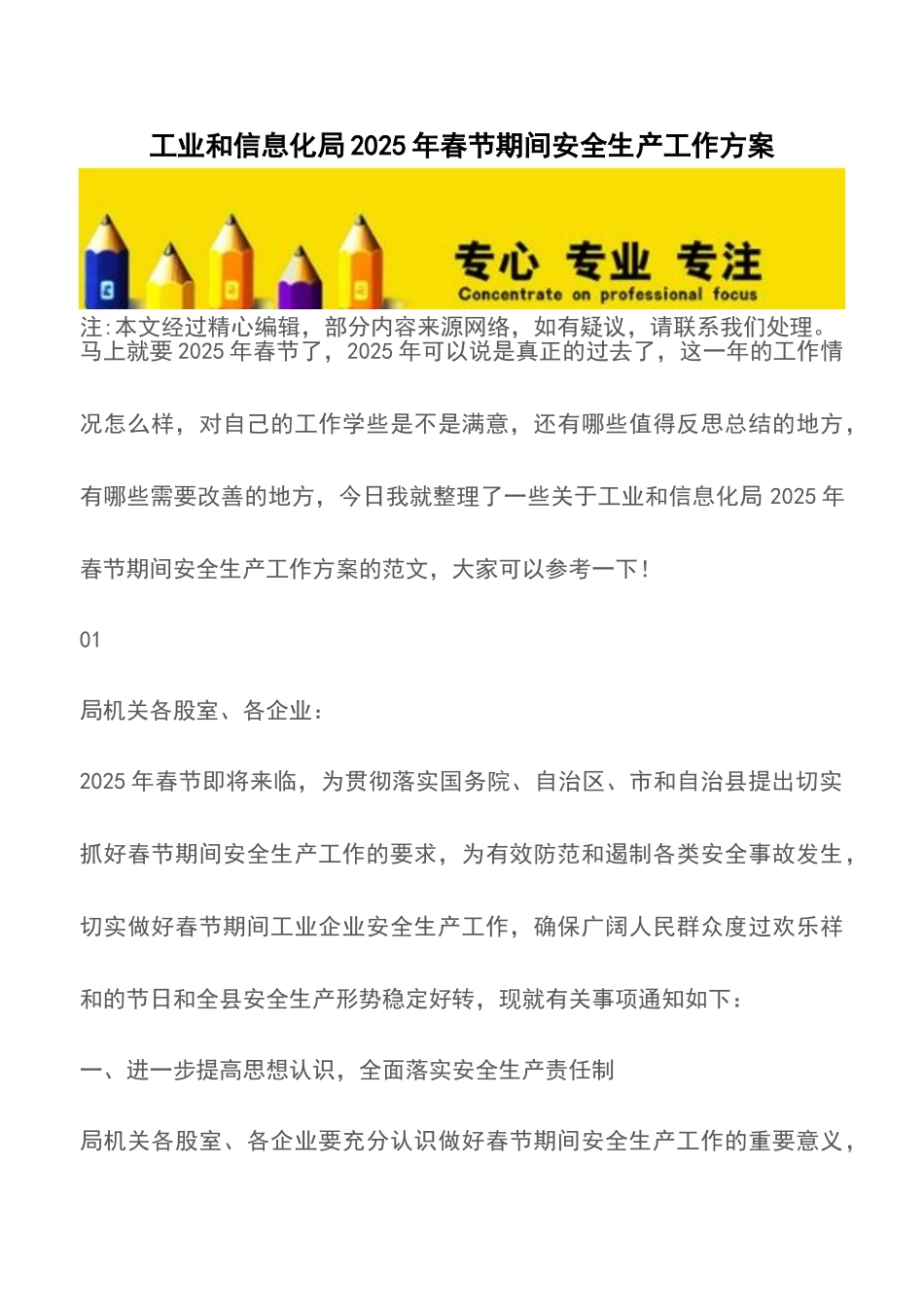 工业和信息化局2025年春节期间安全生产工作方案_第1页