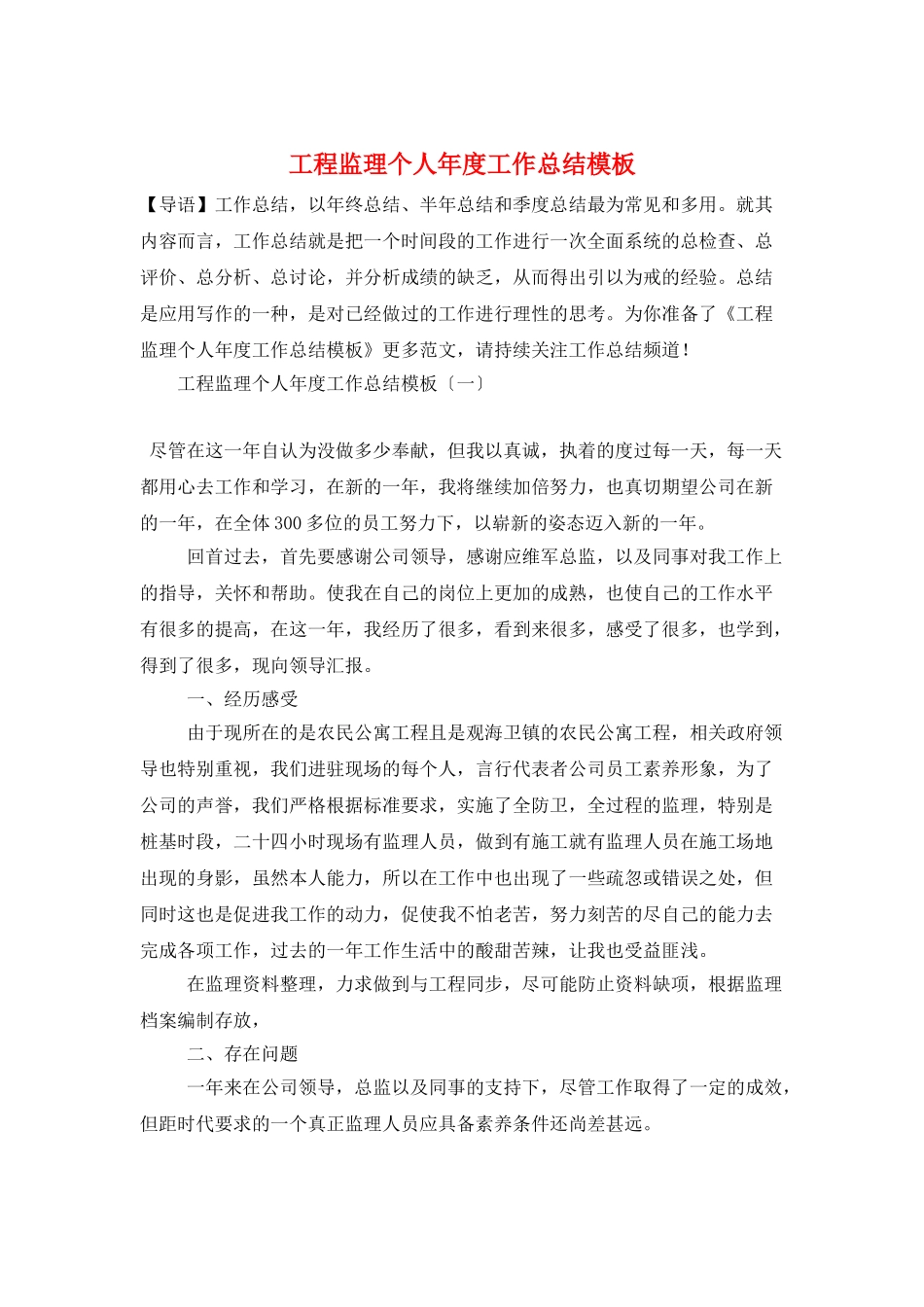 工程监理个人年度工作总结模板_第1页