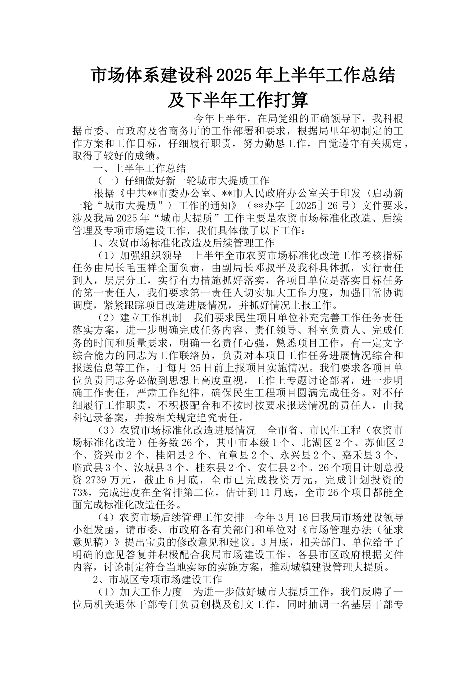 市场体系建设科上半年工作总结及下半年工作打算_第1页