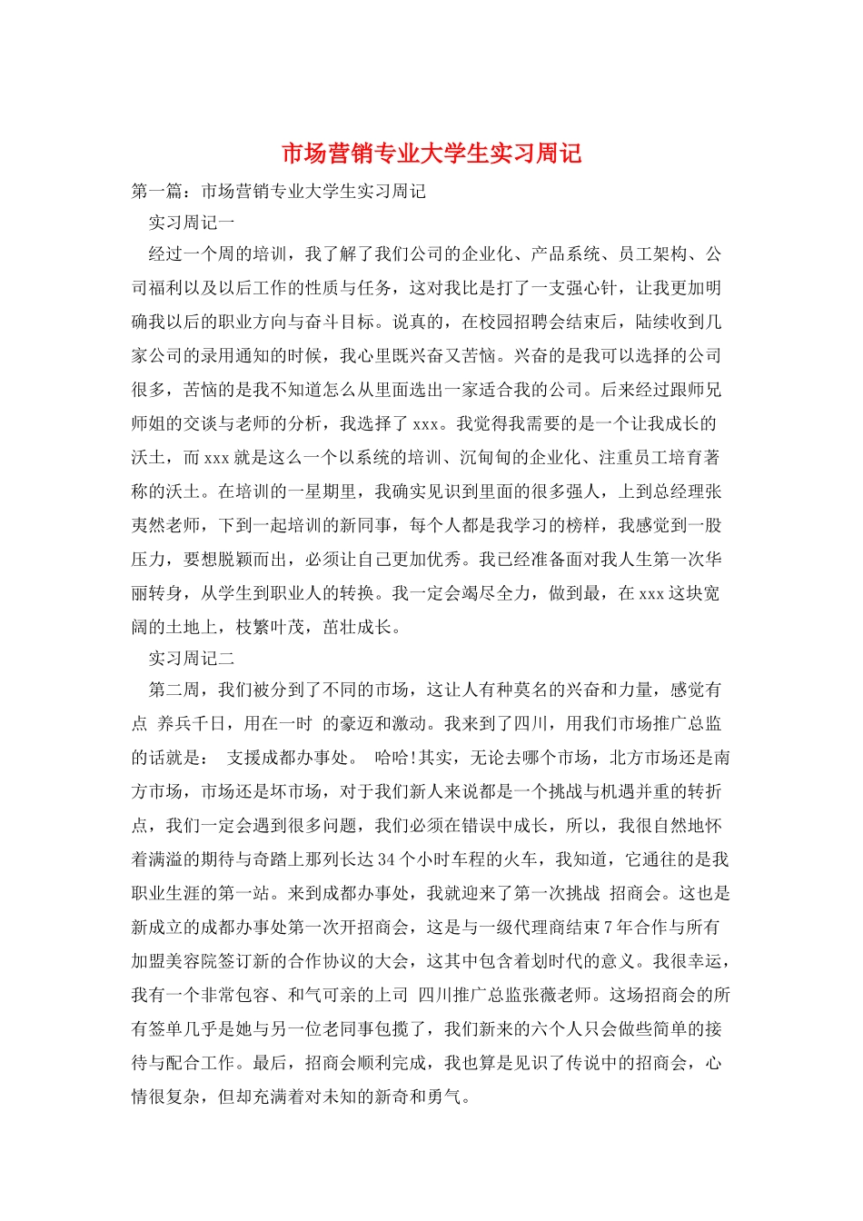 市场营销专业大学生实习周记_第1页