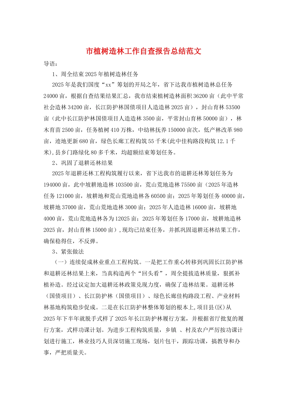 市植树造林工作自查报告总结范文_第1页