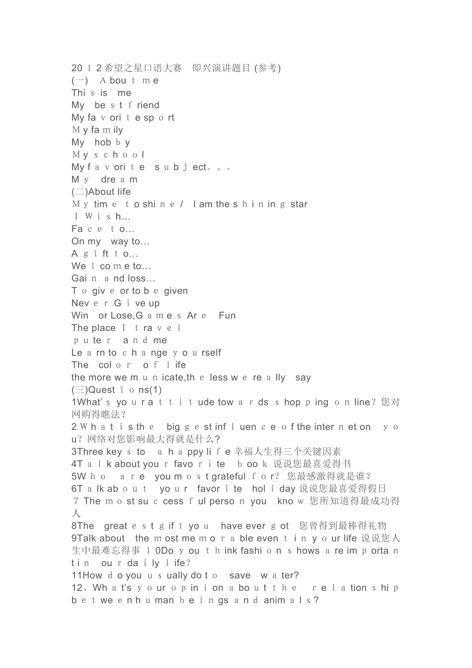 希望之星初中组即兴演讲题目_第1页