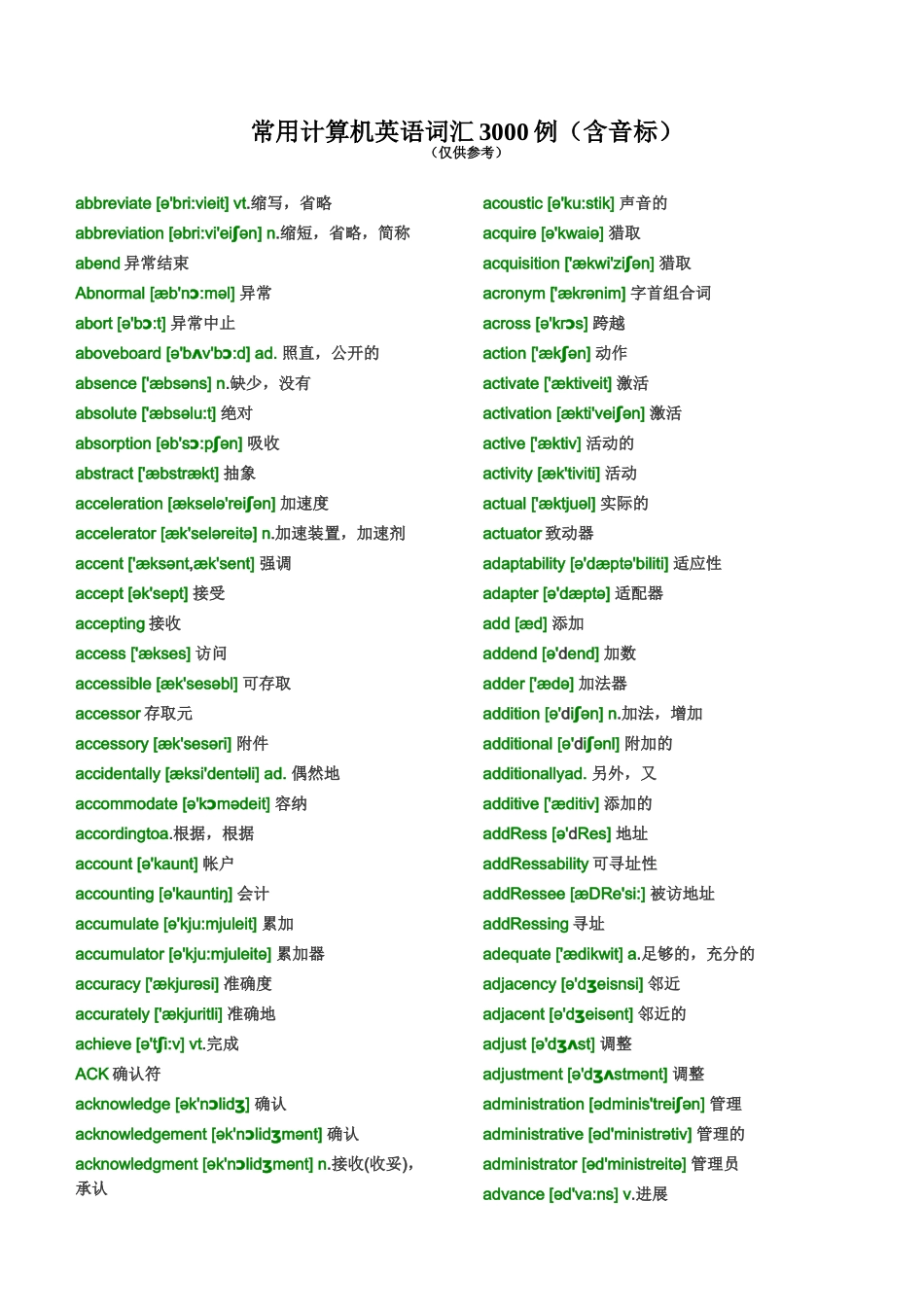 常用计算机英语词汇3000例(含音标)_第1页
