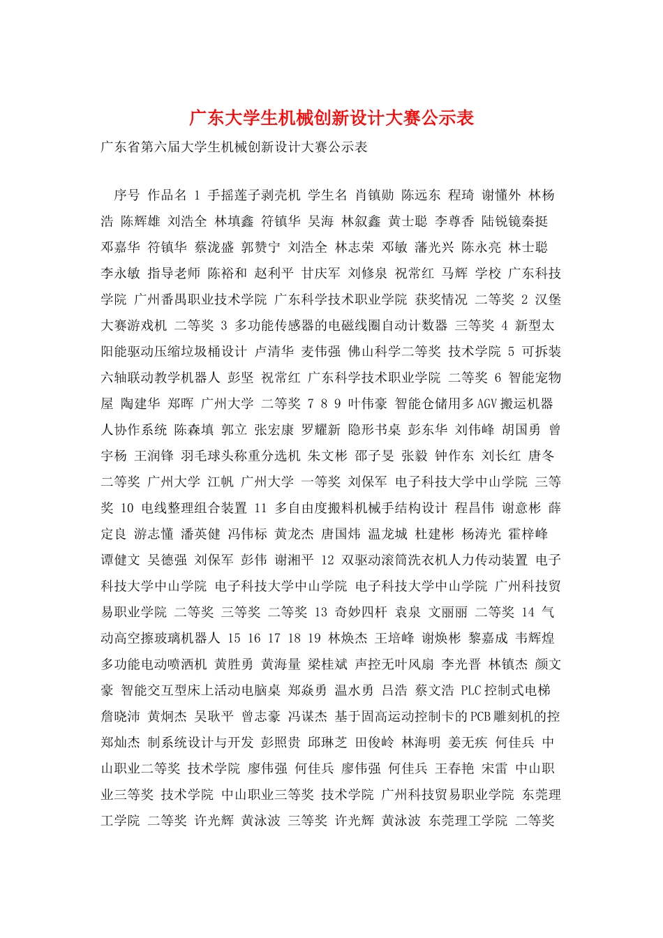 广东大学生机械创新设计大赛公示表_第1页