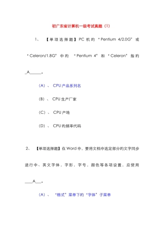 广东省计算机一级考试选择题助攻及答案
