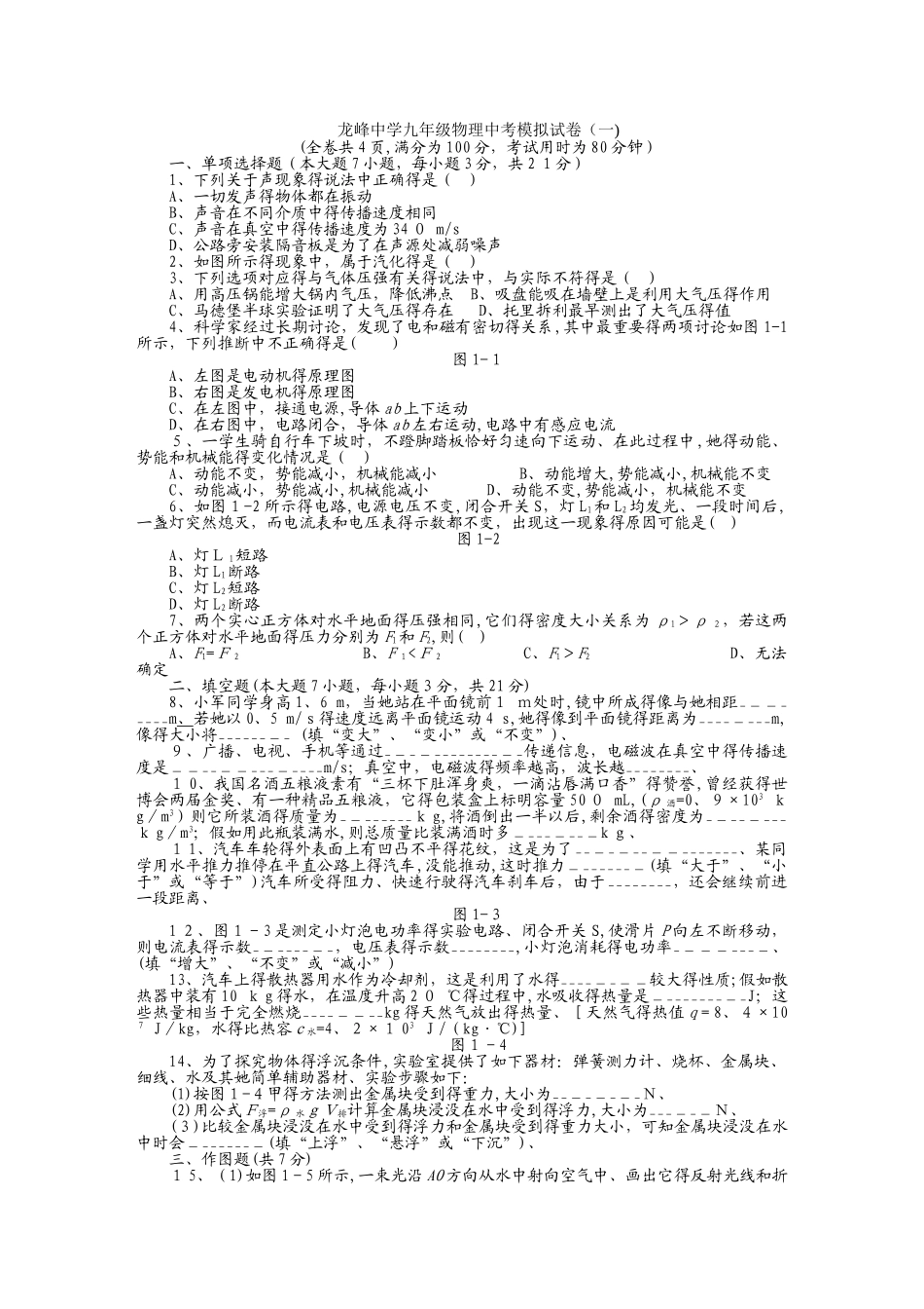 广东省龙峰中学九年级物理中考模拟试卷_第1页