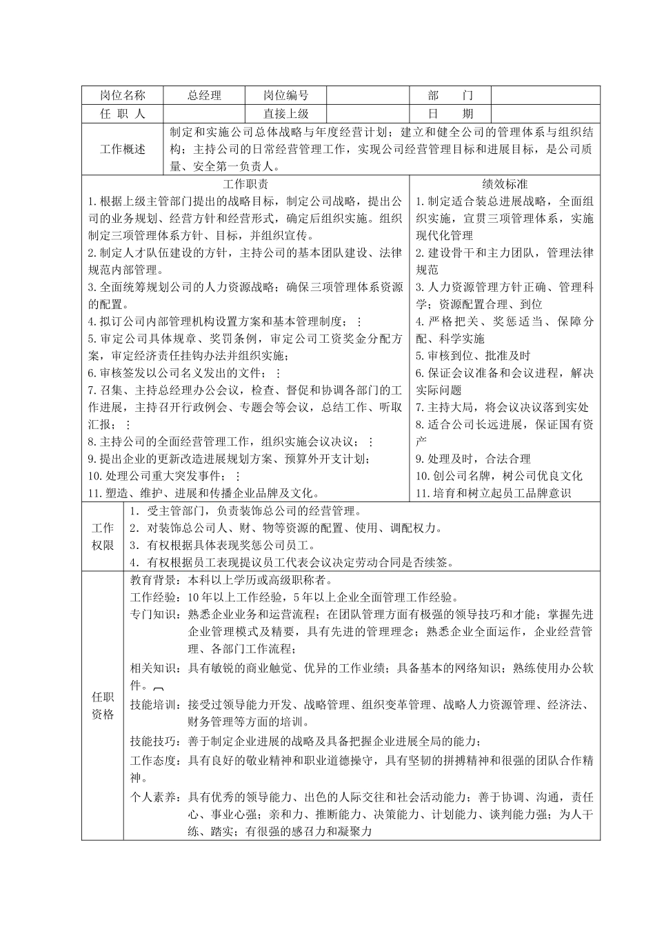 建筑及建筑装饰公司领导岗位说明书_第1页