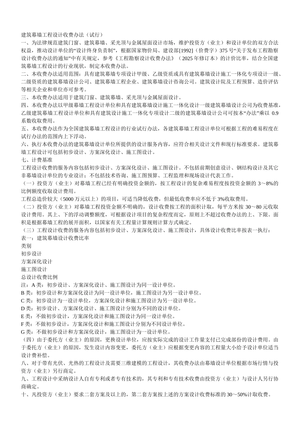 建筑幕墙工程设计收费办法_第1页