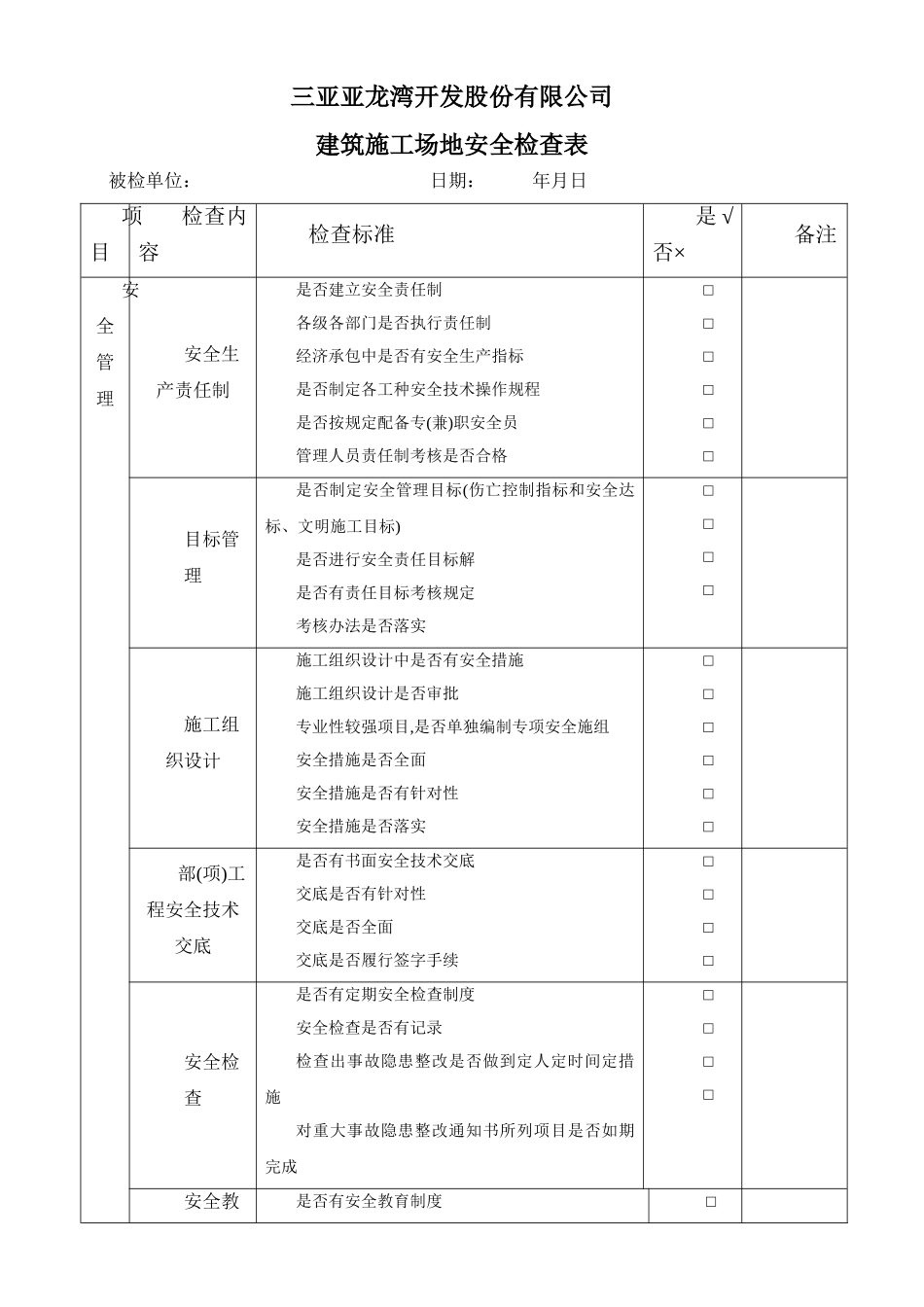 建筑施工现场安全检查表02292_第1页