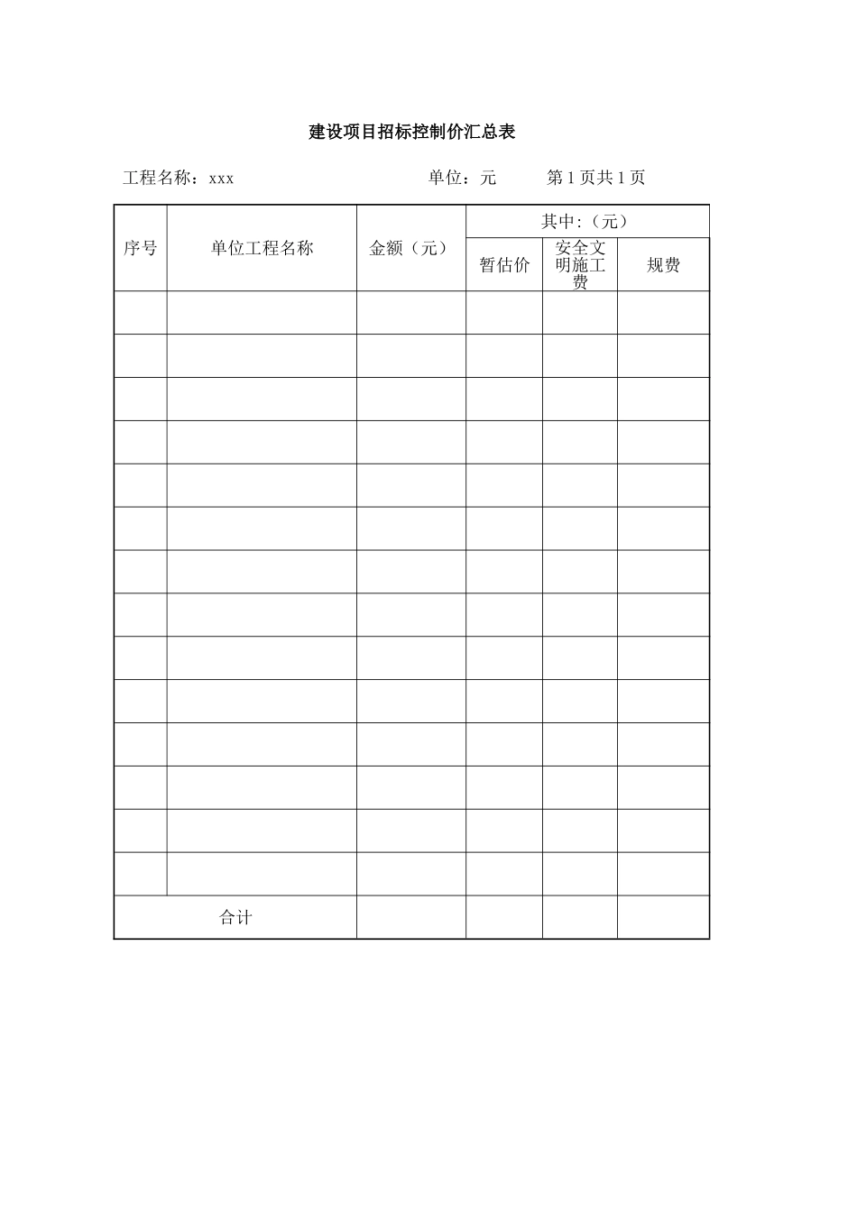 建设项目招标控制价汇总表（标准版）_第1页