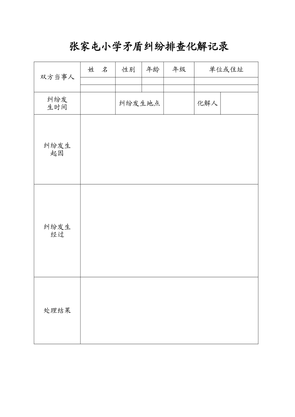 张家屯小学矛盾纠纷排查调处登记表_第1页