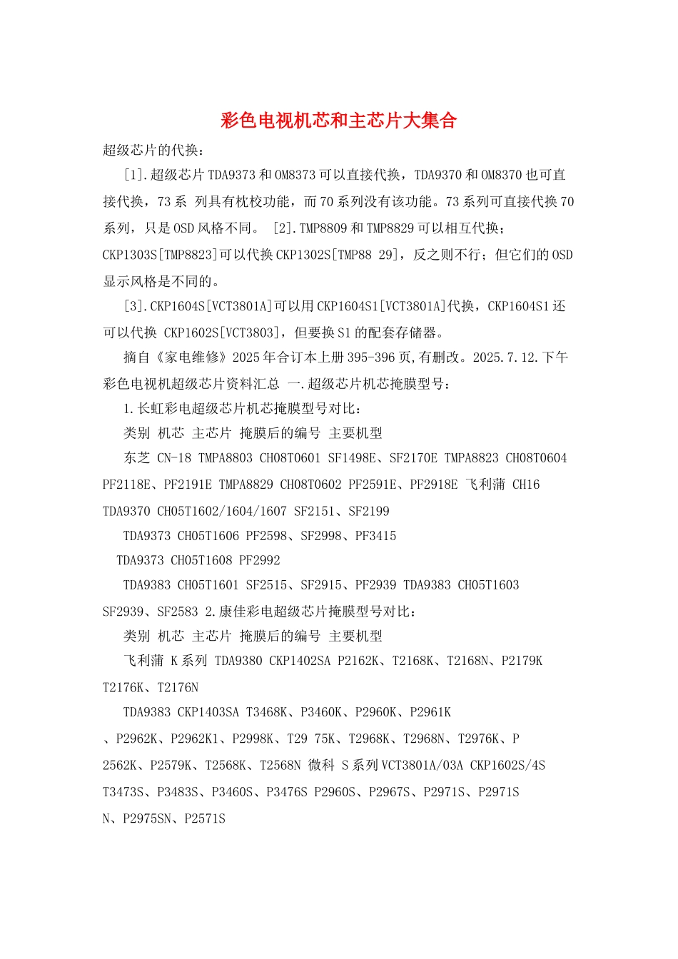 彩色电视机芯和主芯片大集合_第1页