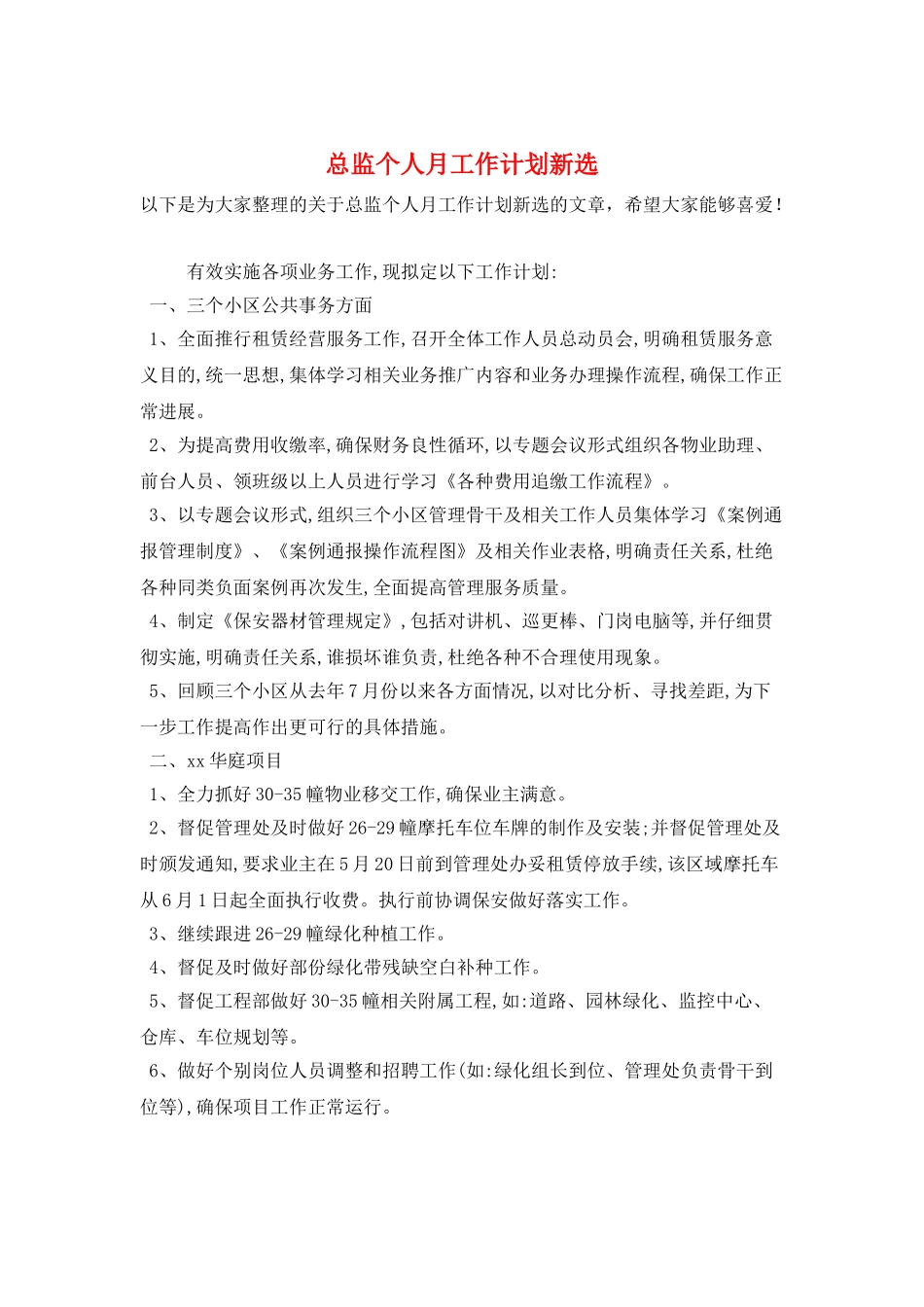 总监个人月工作计划新选_第1页