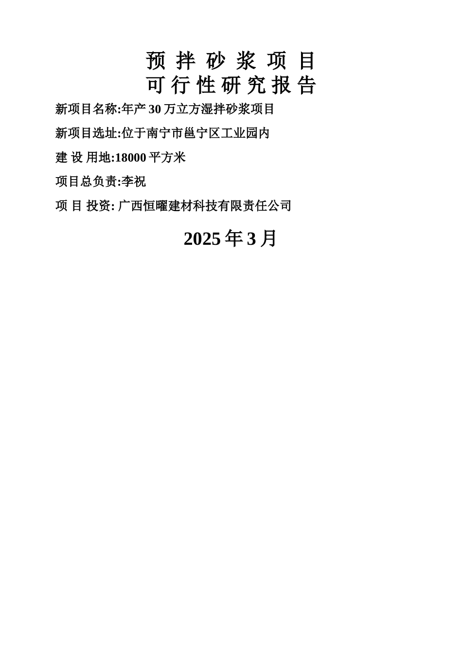 恒曜湿拌砂浆可行性研究报告_第1页