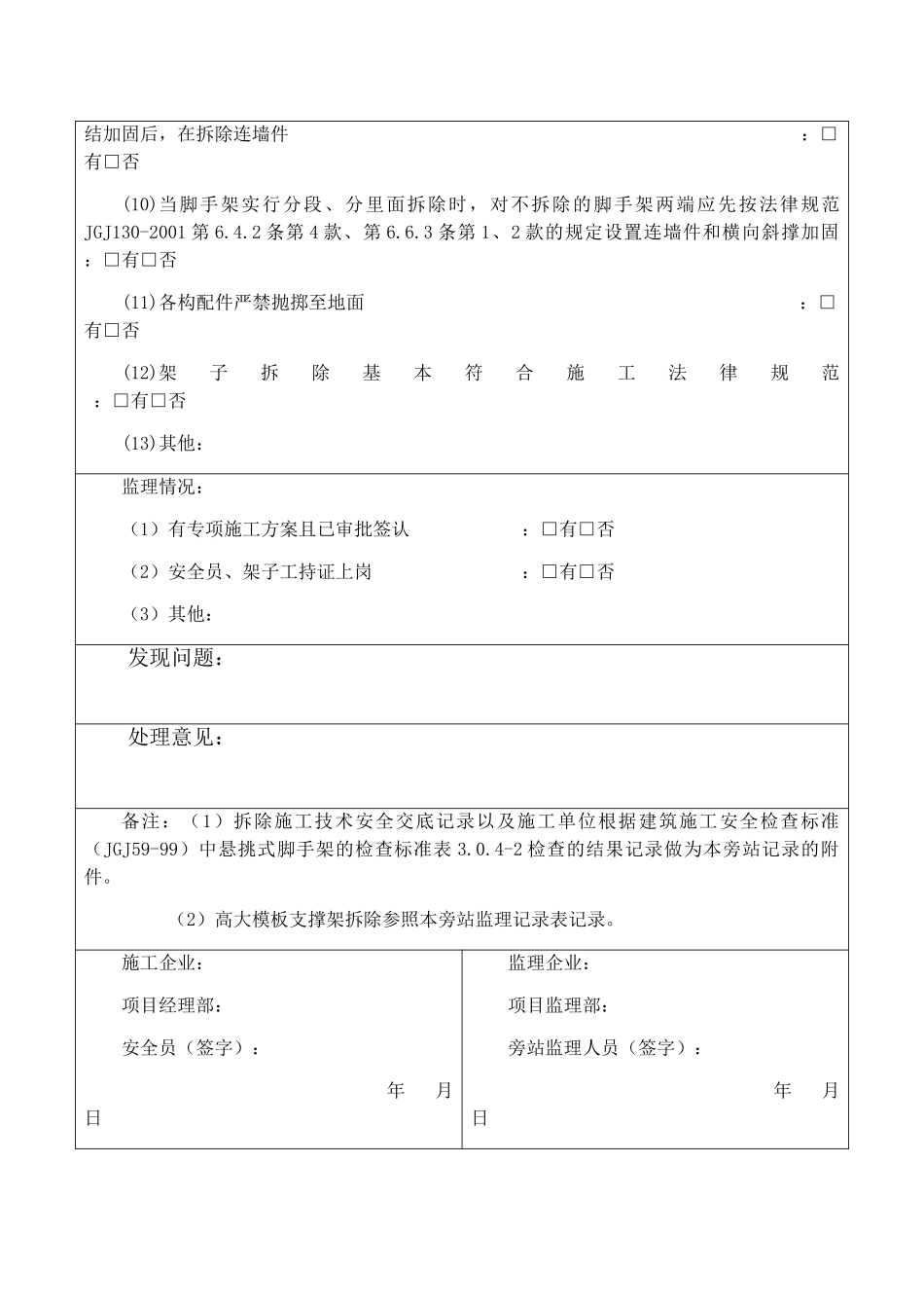 悬挑式外脚手架拆除旁站监理记录表_第2页