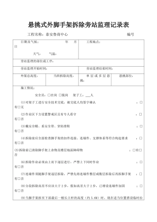 悬挑式外脚手架拆除旁站监理记录表