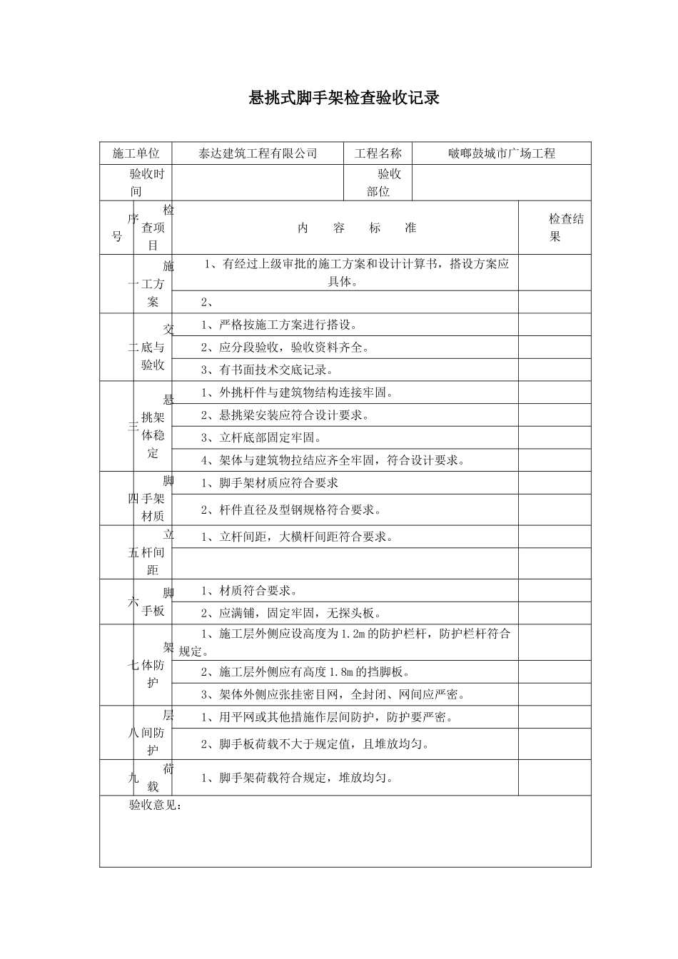 悬挑式脚手架检查验收记录5_第1页