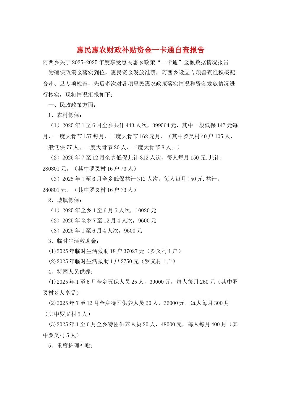 惠民惠农财政补贴资金一卡通自查报告_第1页