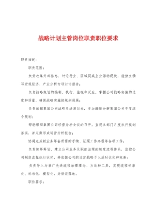 战略计划主管岗位职责职位要求