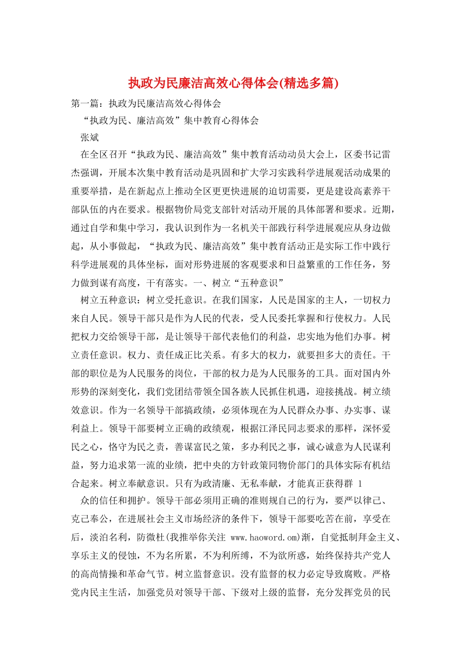 执政为民廉洁高效心得体会_第1页