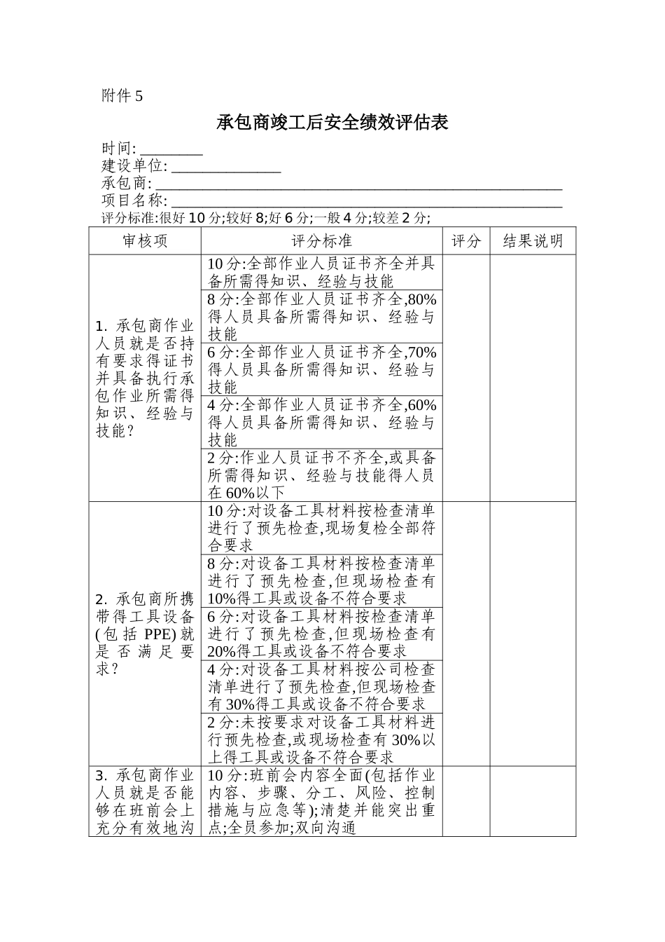 承包商竣工后安全绩效评估表_第1页