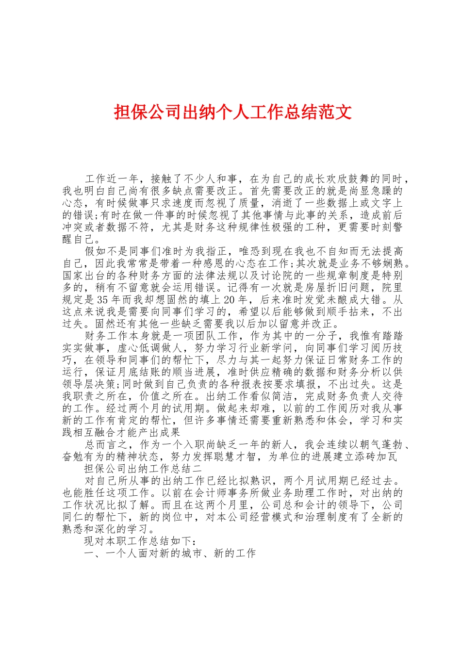 担保公司出纳个人工作总结范文_第1页
