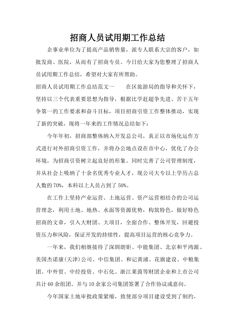 招商人员试用期工作总结（标准版）_第1页