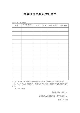 拟委任的主要人员汇总表（标准版）