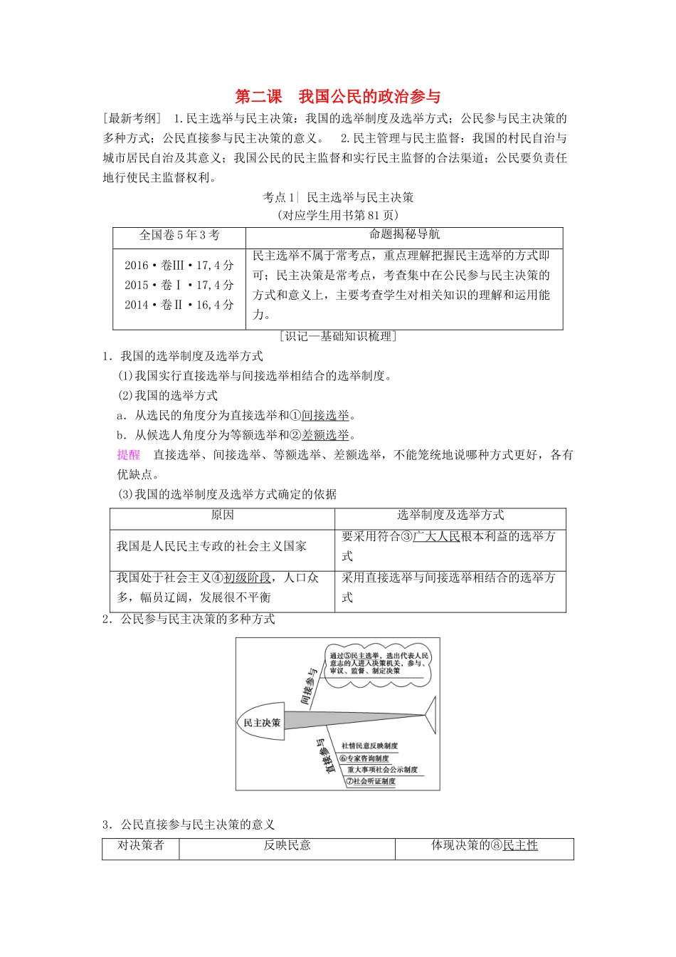 高考政治一轮复习 第1单元 公民的政治生活 第2课 我国公民的政治参与教师用书 新人教版必修2-新人教版高三必修2政治教案_第1页