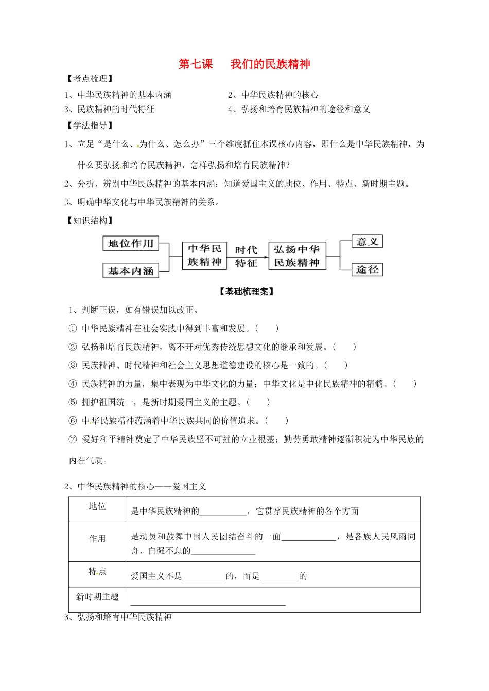 高考政治一轮复习 第2单元 第7课 我们的民族精神导学案 新人教版必修3-新人教版高三必修3政治学案_第1页