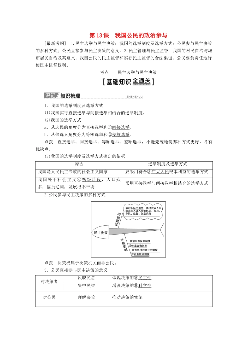 高考政治一轮复习 第5单元 公民的政治生活 第13课 我国公民的政治参与教学案 新人教版必修2-新人教版高三必修2政治教学案_第1页