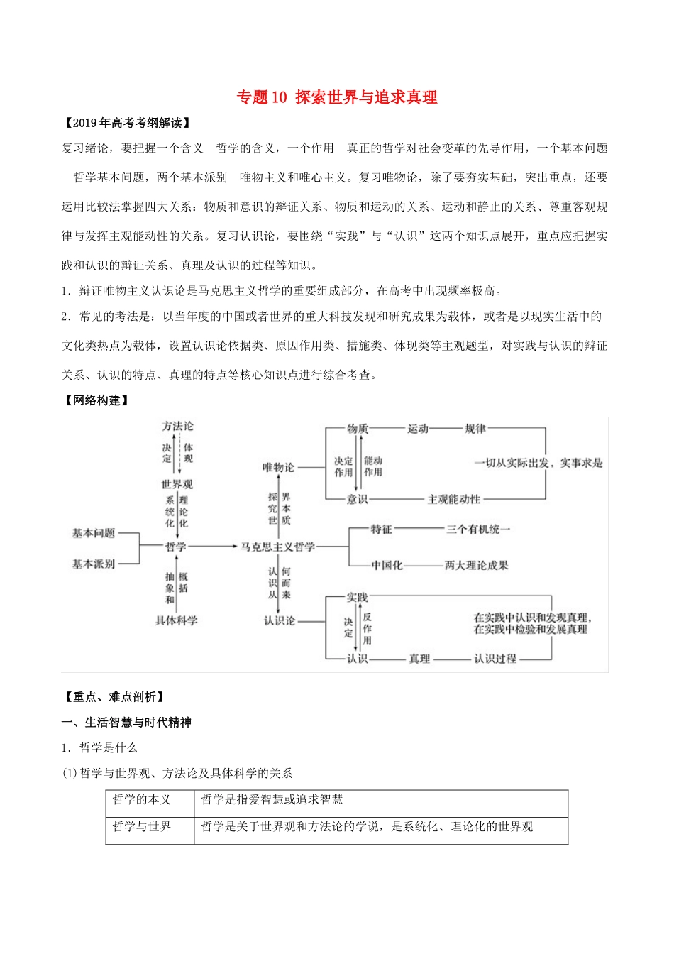 高考政治 考纲解读与热点难点突破 专题10 探索世界与追求真理教学案-人教版高三全册政治教学案_第1页