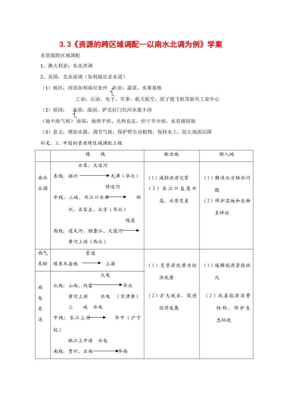 高中地理：3.3《资源的跨区域调配—以南水北调为例》学案（鲁教版必修3）_第1页