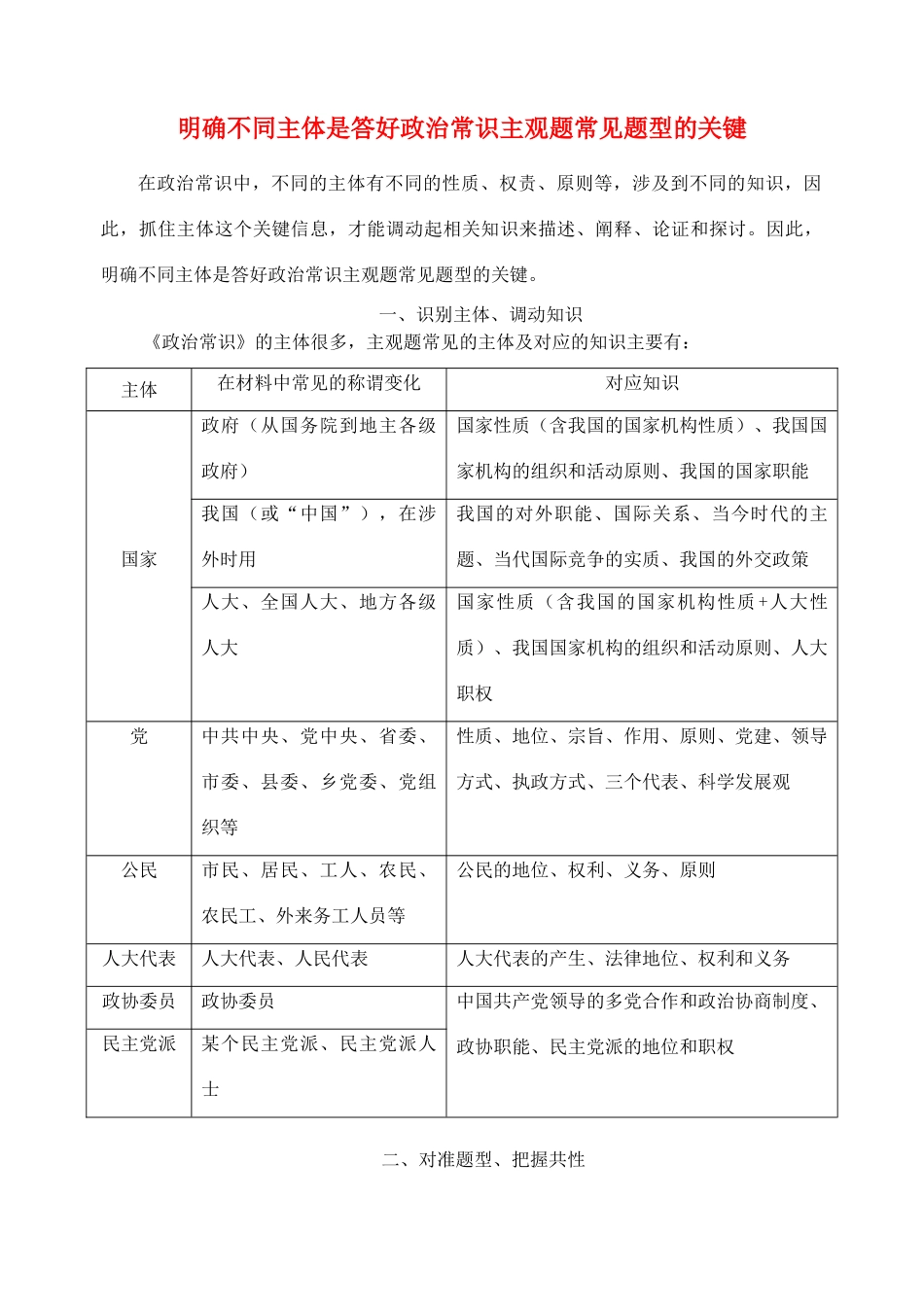 高考政治 明确不同主体是答好政治常识主观题常见题型的关键素材 人教版_第1页