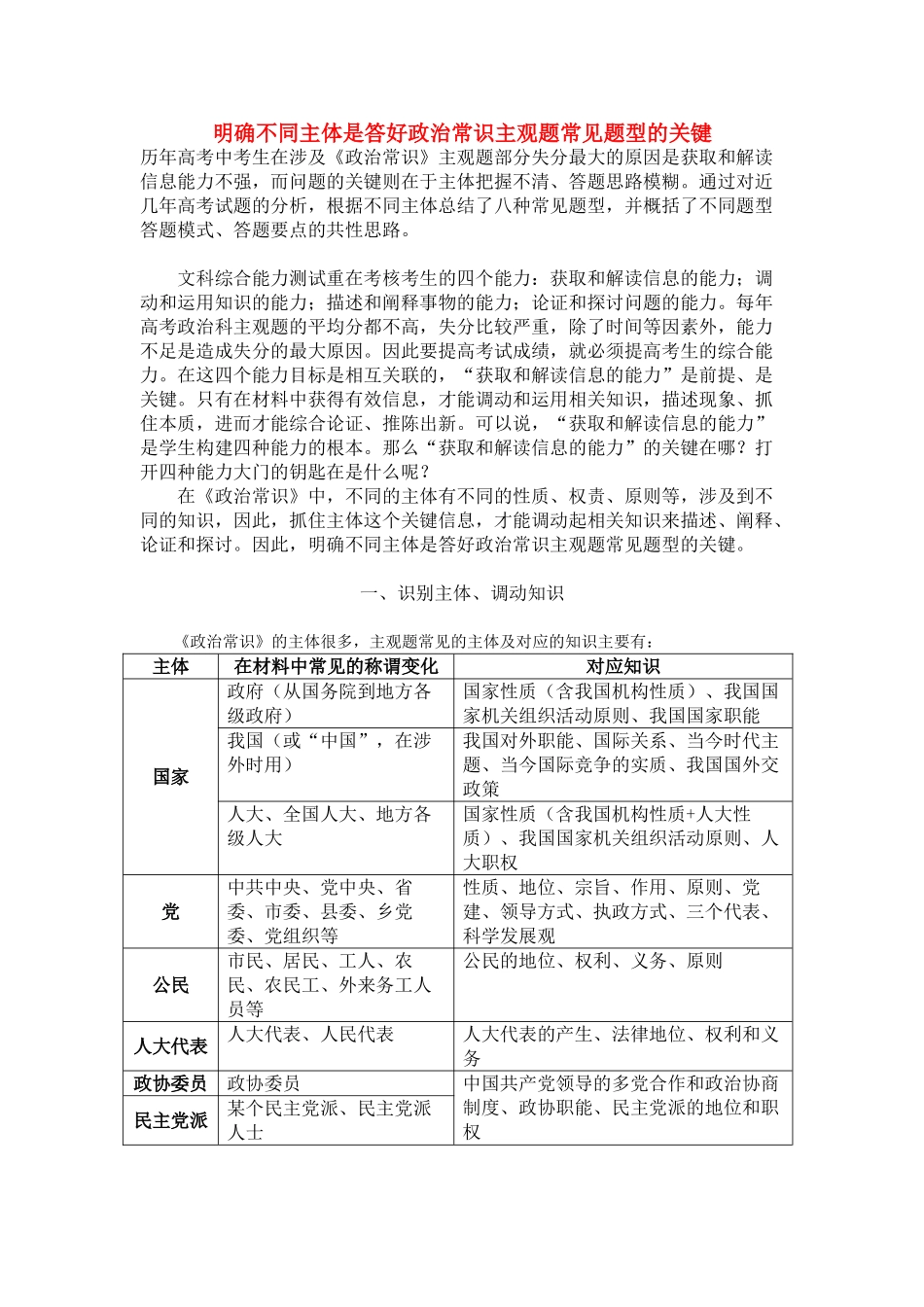 高考政治 明确不同主体是答好政治常识主观题常见题型的关键素材_第1页