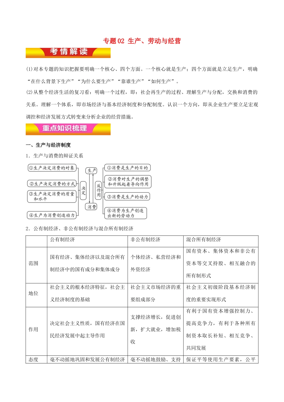 高考政治二轮复习 专题02 生产、劳动与经营讲学案（含解析）-人教版高三全册政治学案_第1页