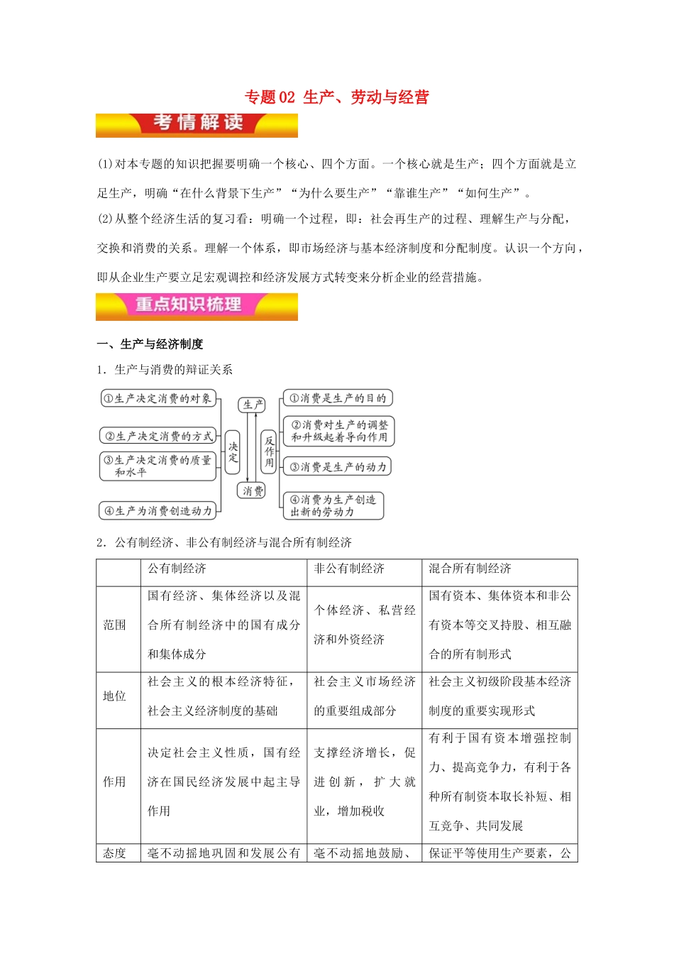高考政治二轮复习 专题02 生产、劳动与经营教学案（含解析）-人教版高三全册政治教学案_第1页