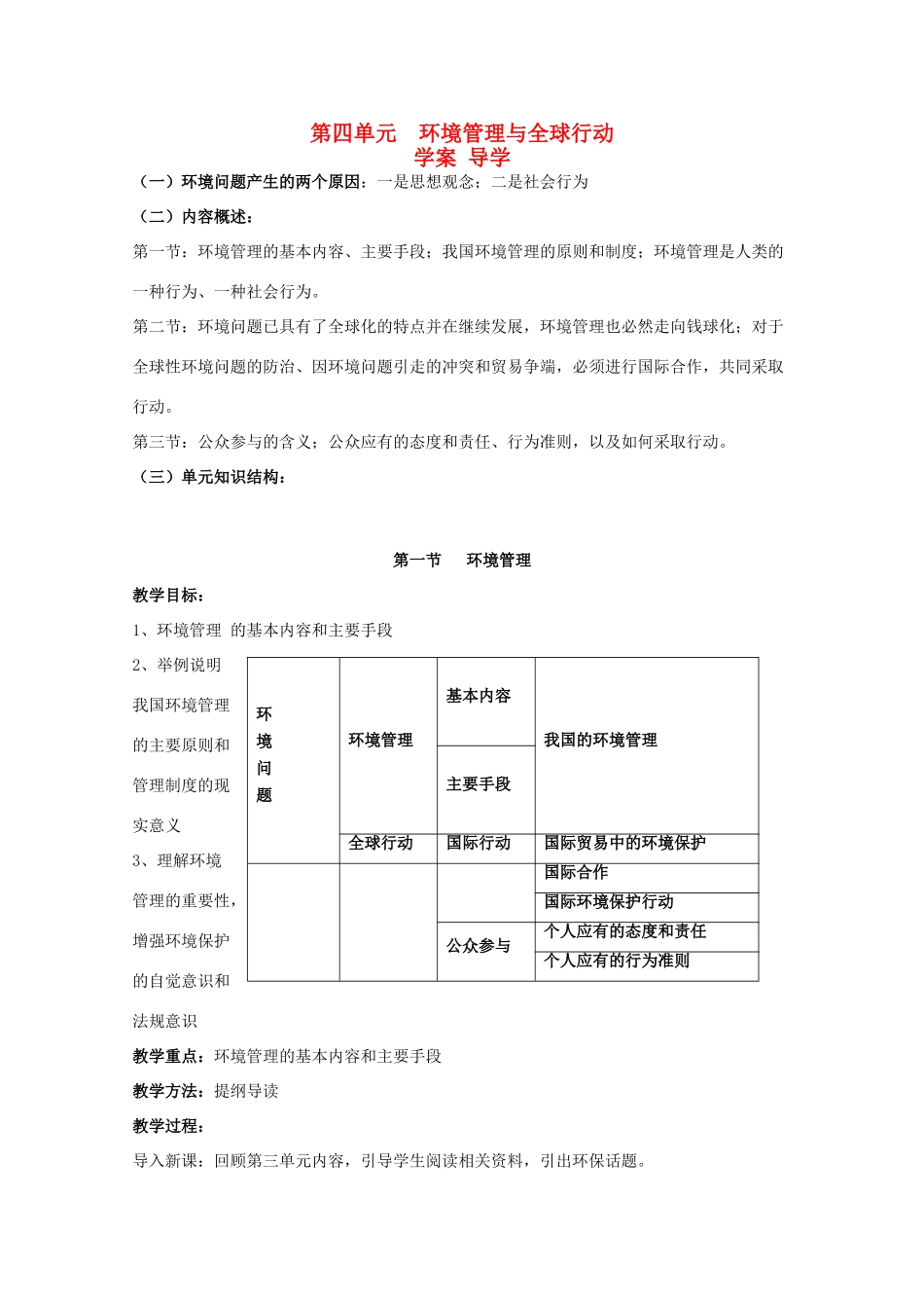 高中地理：第四单元《环境管理与全球行动》学案（鲁教版选修6）_第1页
