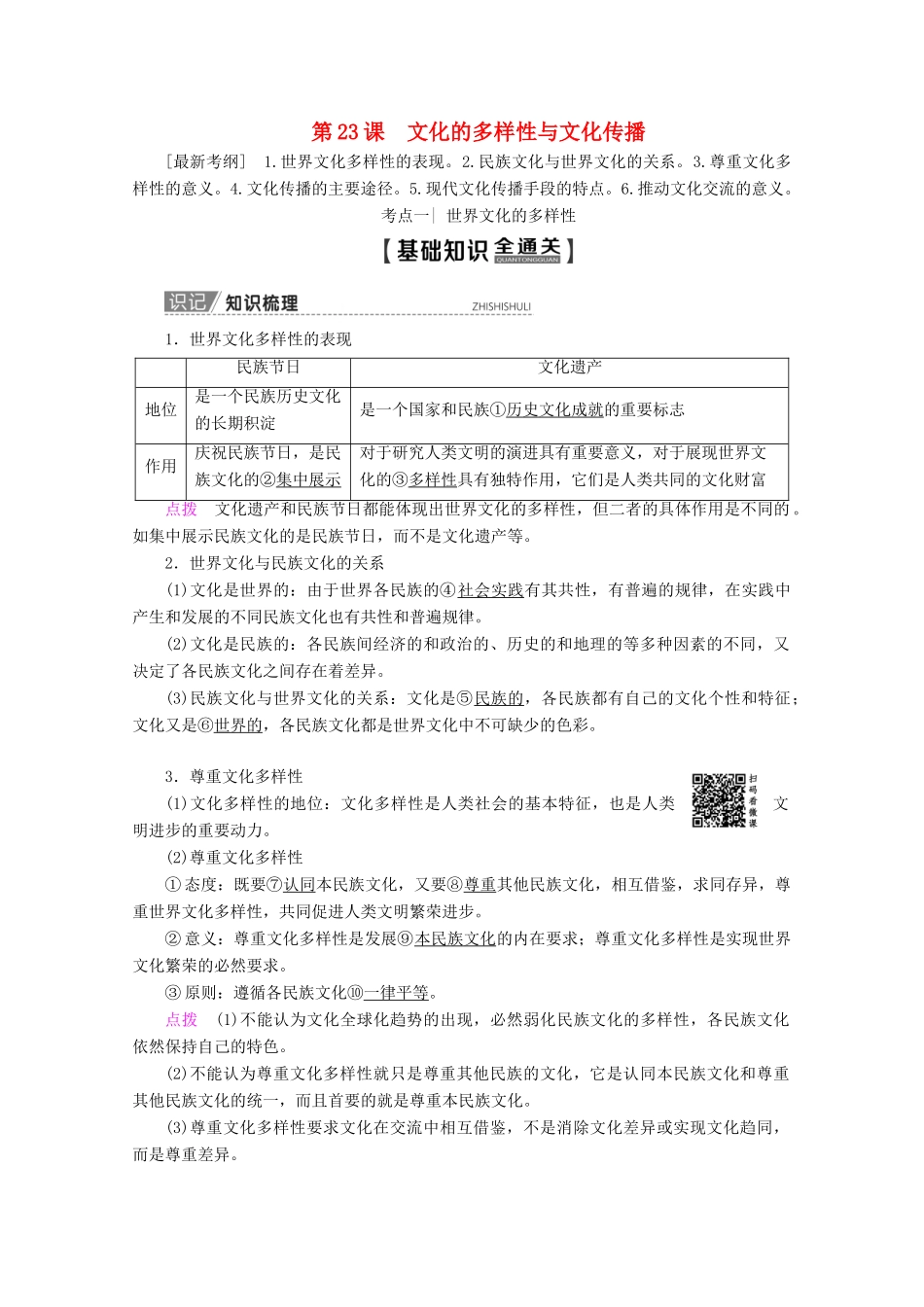 高考政治一轮复习 第10单元 文化传承与创新 第23课 文化的多样性与文化传播教学案 新人教版必修3-新人教版高三必修3政治教学案_第1页