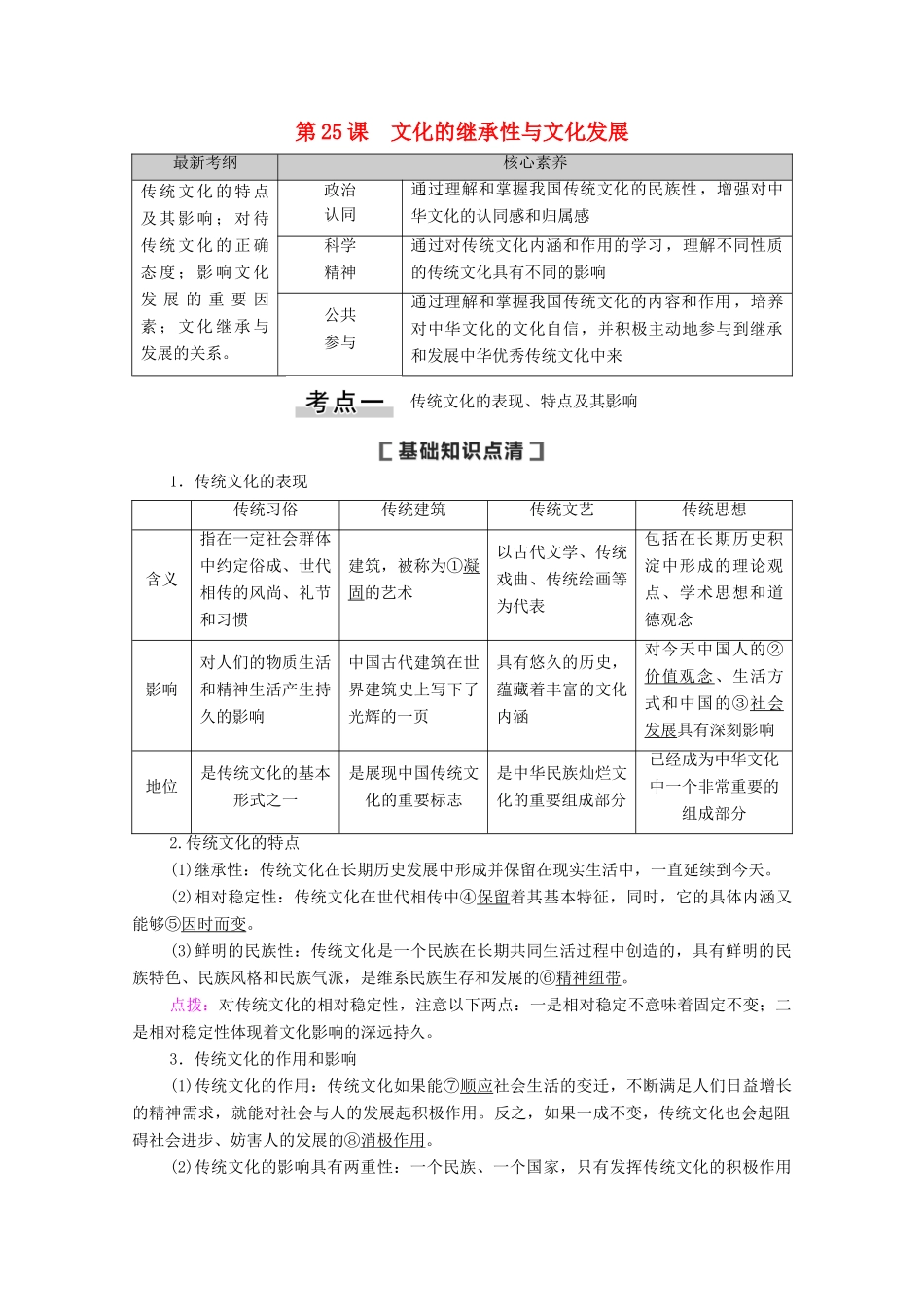 高考政治一轮复习 第10单元 文化传承与创新 第25课 文化的继承性与文化发展教学案 新人教版必修3-新人教版高三必修3政治教学案_第1页
