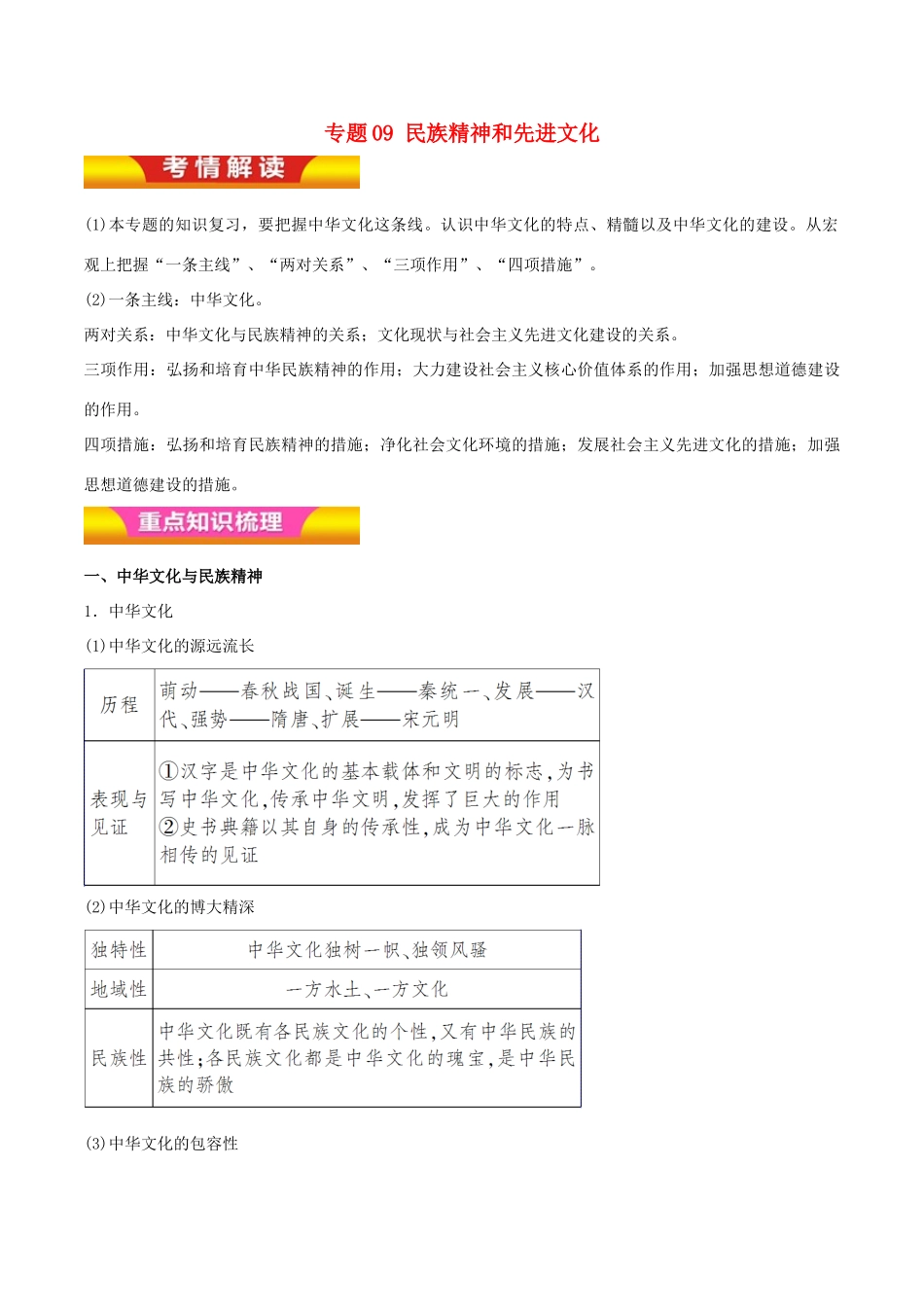 高考政治二轮复习 专题09 民族精神和先进文化讲学案（含解析）-人教版高三全册政治学案_第1页