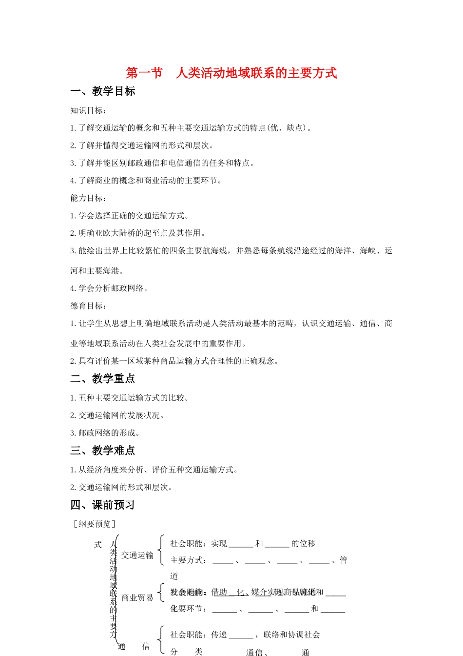 高中地理：第一节人类活动地域联系的主要方式导学案 鲁教版必修2_第1页
