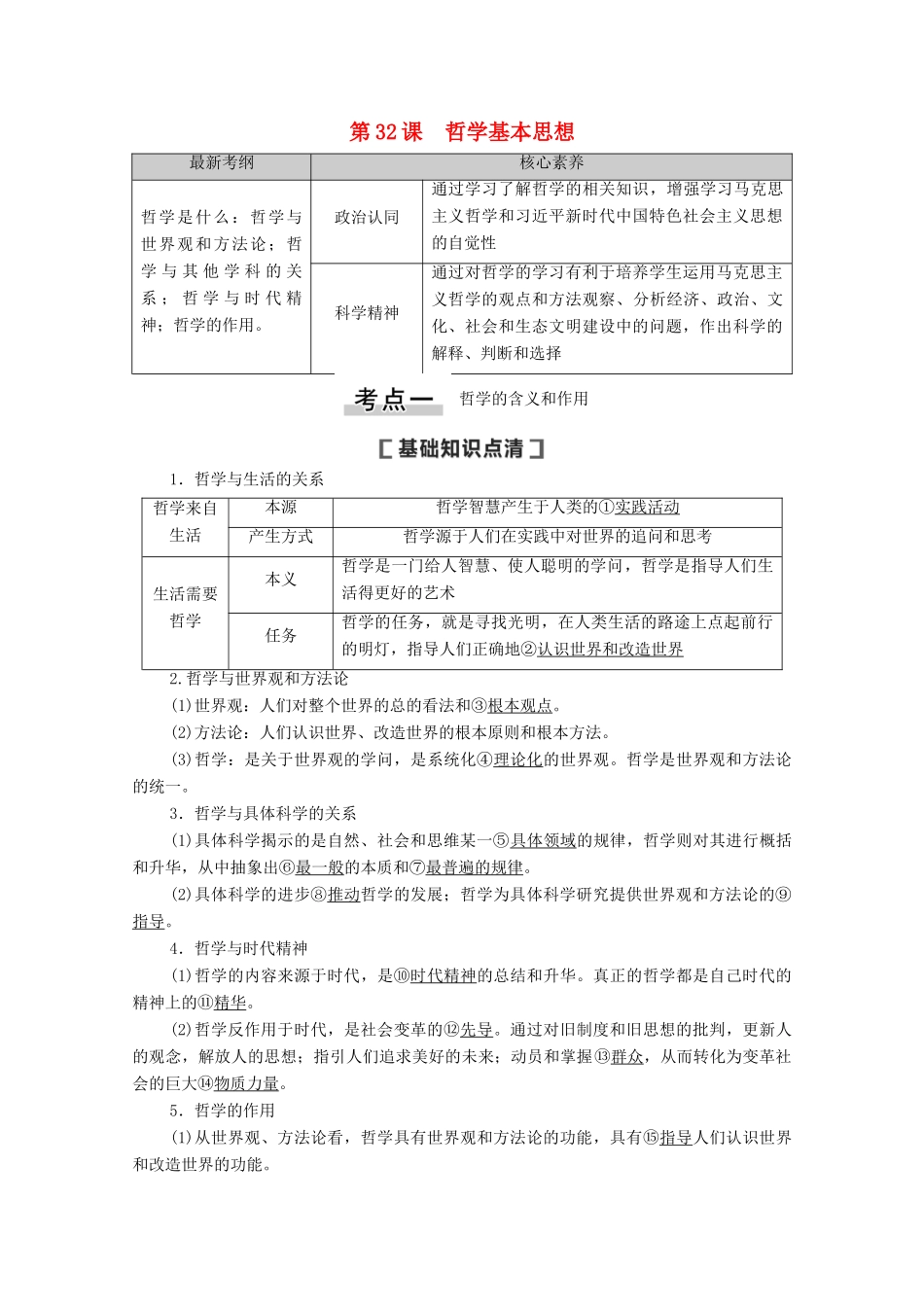 高考政治一轮复习 第13单元 探索世界与追求真理 第32课 哲学基本思想教学案 新人教版必修4-新人教版高三必修4政治教学案_第1页