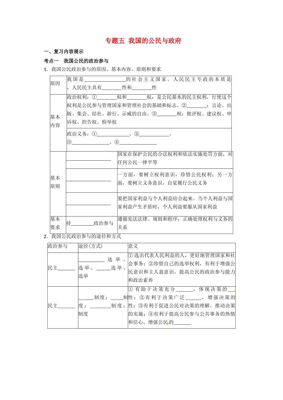 高考政治二轮专题突破 专题5 我国的公民与政府导学案-人教版高三全册政治学案_第1页